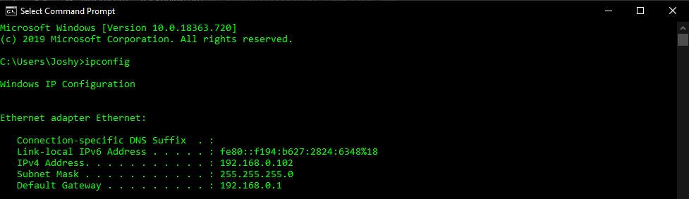 screenshot of the ipconfig command output